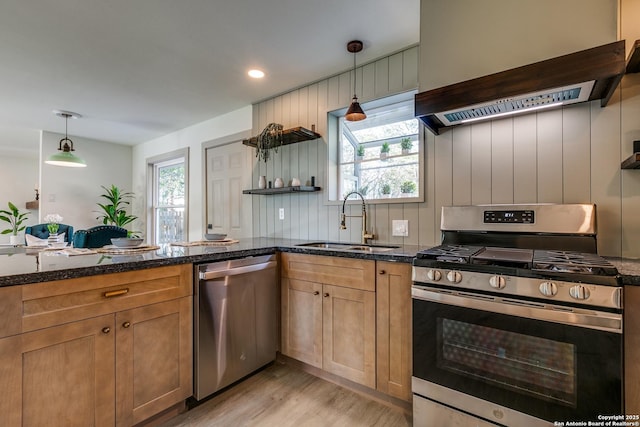 kitchen featuring sink, stainless steel appliances, ventilation hood, light hardwood / wood-style floors, and decorative light fixtures