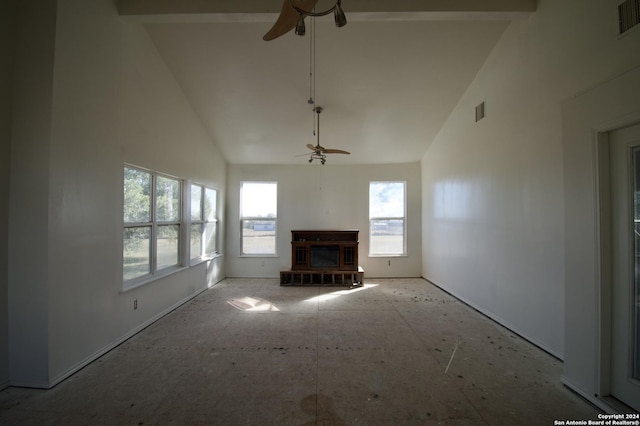 unfurnished living room featuring beam ceiling, ceiling fan, and high vaulted ceiling