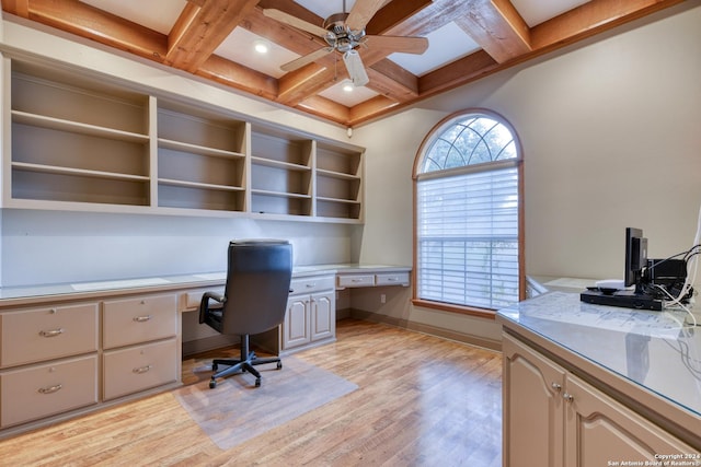 office space featuring beam ceiling, ceiling fan, coffered ceiling, built in desk, and light wood-type flooring