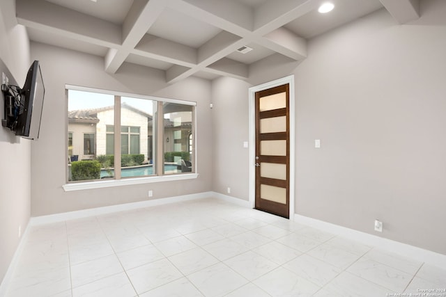 entryway with beam ceiling and coffered ceiling