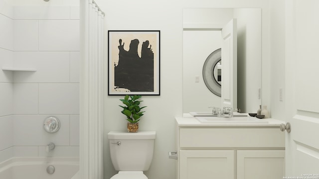 full bathroom featuring washtub / shower combination, vanity, and toilet