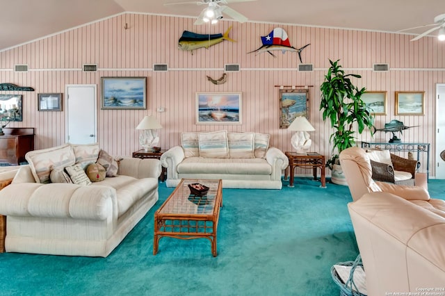 carpeted living room featuring ceiling fan, wood walls, and vaulted ceiling