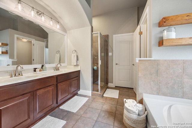 bathroom with plus walk in shower and vanity