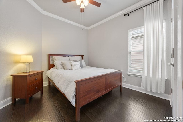 bedroom featuring dark wood-type flooring, ceiling fan, and crown molding