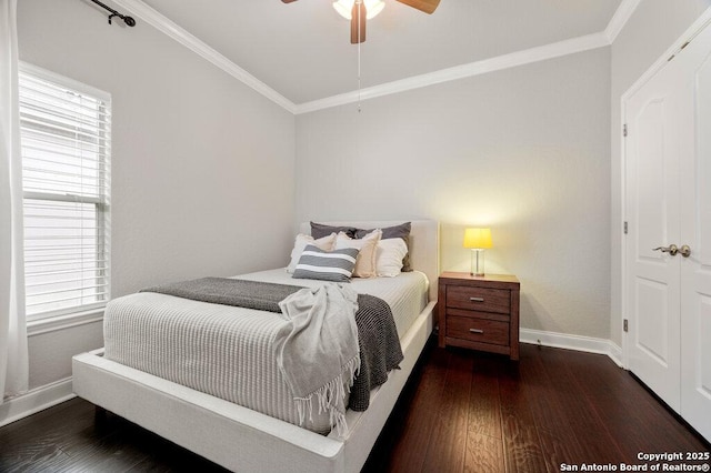 bedroom featuring ceiling fan, dark hardwood / wood-style flooring, and crown molding