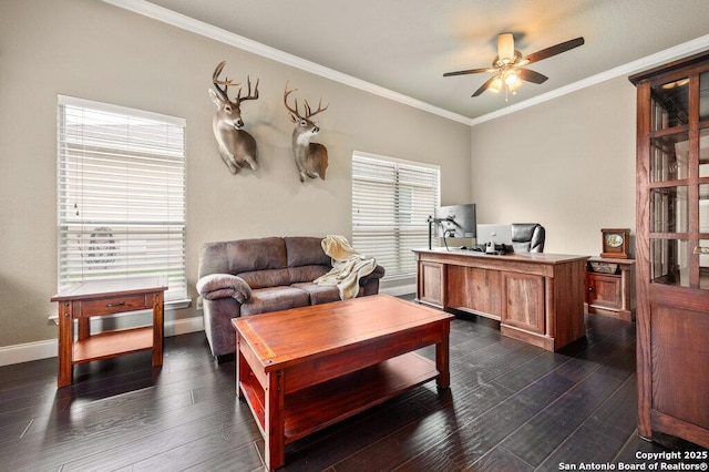 home office featuring dark hardwood / wood-style floors, ceiling fan, crown molding, and plenty of natural light