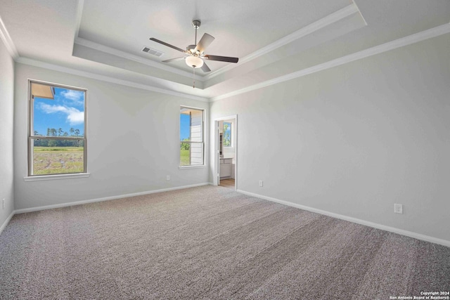 spare room with carpet flooring, a tray ceiling, ceiling fan, and crown molding