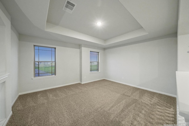 carpeted empty room featuring a tray ceiling