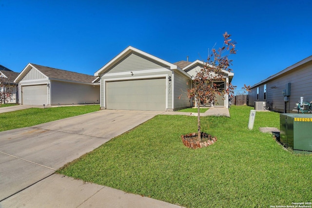 single story home featuring a garage, central air condition unit, and a front lawn