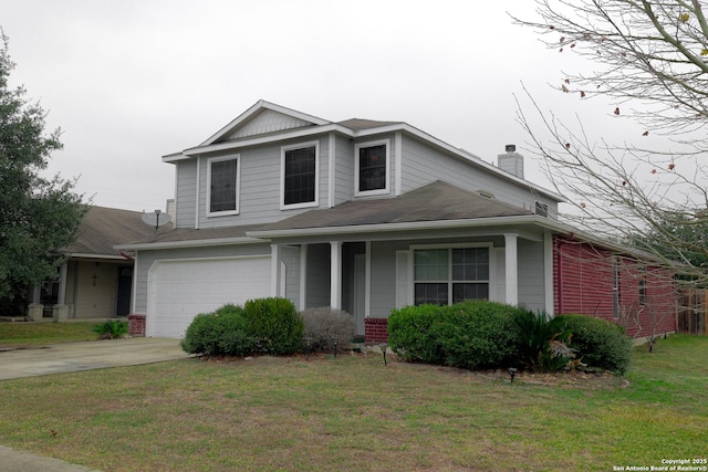 view of front facade featuring a front yard, a garage, and covered porch