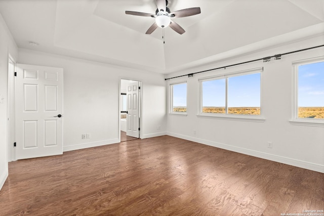 empty room featuring a tray ceiling, ceiling fan, a healthy amount of sunlight, and wood-type flooring