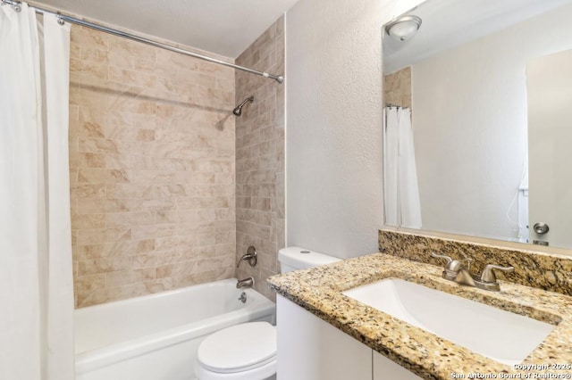 full bathroom featuring vanity, toilet, and shower / bathtub combination with curtain