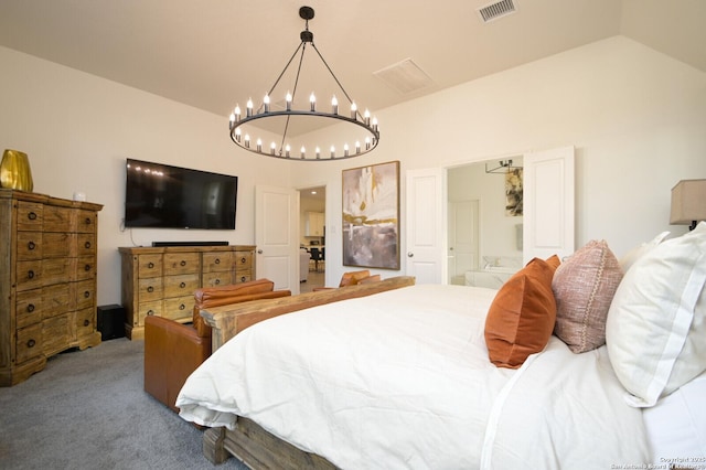 bedroom with carpet flooring and vaulted ceiling