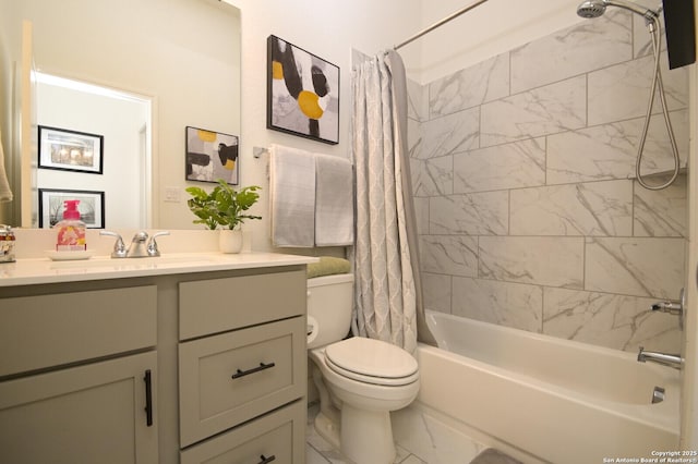 full bathroom with vanity, shower / bath combination with curtain, and toilet