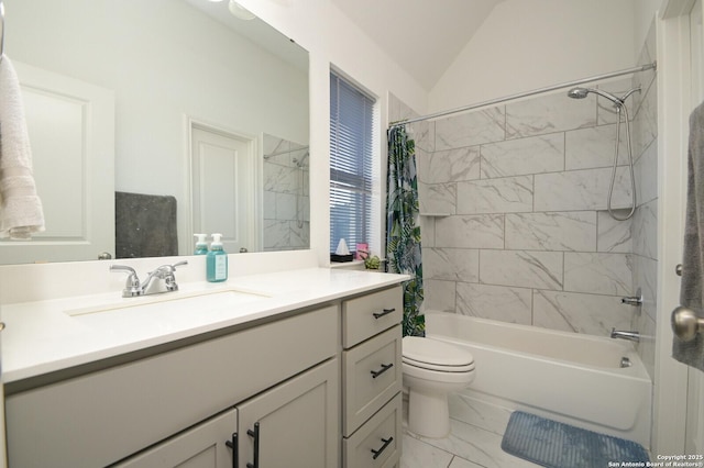 full bathroom featuring shower / bath combo with shower curtain, vanity, lofted ceiling, and toilet