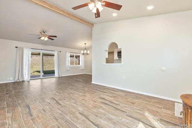 unfurnished living room featuring ceiling fan with notable chandelier and vaulted ceiling with beams