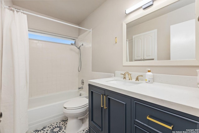 full bathroom with shower / bathtub combination with curtain, vanity, and toilet