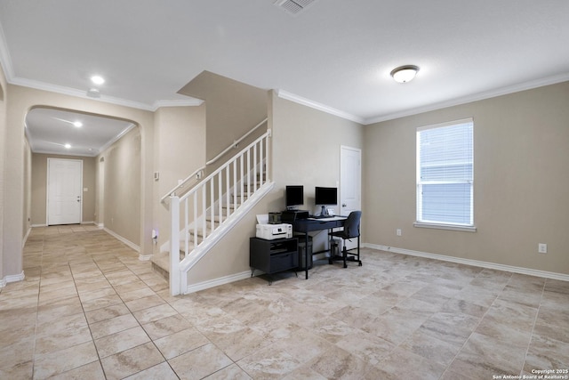 office area featuring crown molding