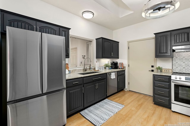 kitchen with decorative backsplash, light wood-type flooring, sink, and appliances with stainless steel finishes