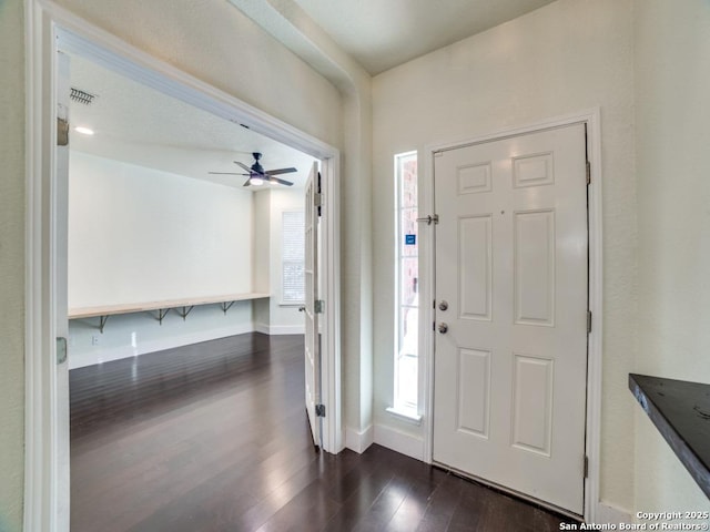 entrance foyer with ceiling fan, dark hardwood / wood-style flooring, and plenty of natural light