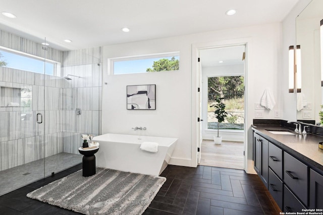 bathroom with vanity and separate shower and tub