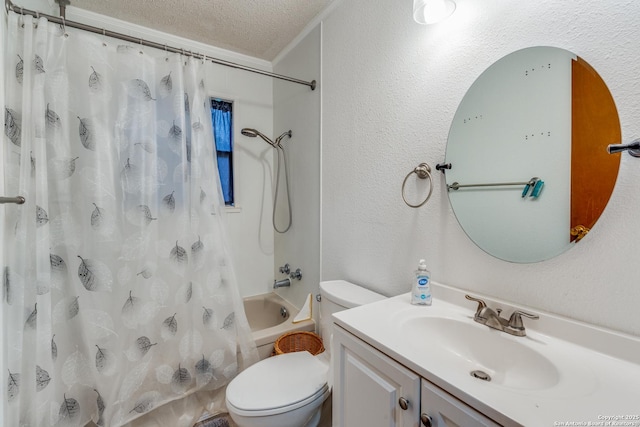 full bathroom featuring vanity, toilet, a textured ceiling, and shower / tub combo