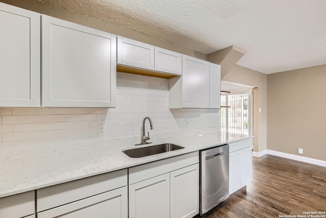 kitchen with sink, white cabinets, stainless steel dishwasher, and a textured ceiling