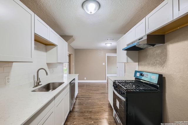 kitchen with exhaust hood, sink, white cabinets, and stainless steel appliances