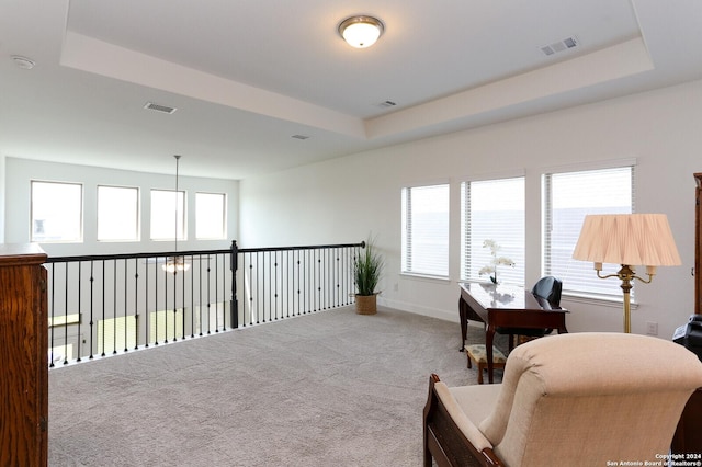 living area with carpet and a tray ceiling