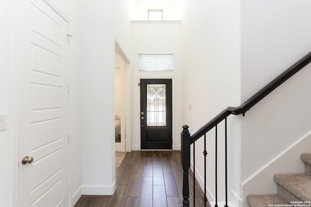 foyer with a towering ceiling and dark hardwood / wood-style floors