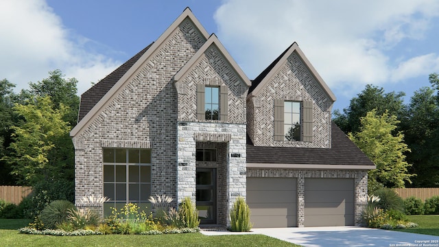 view of front of property with a front yard and a garage