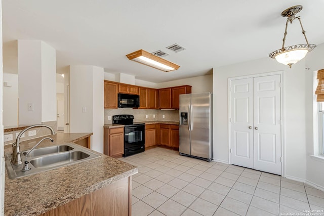 kitchen with kitchen peninsula, backsplash, sink, black appliances, and light tile patterned flooring