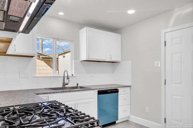 kitchen featuring stove, backsplash, sink, stainless steel dishwasher, and white cabinetry