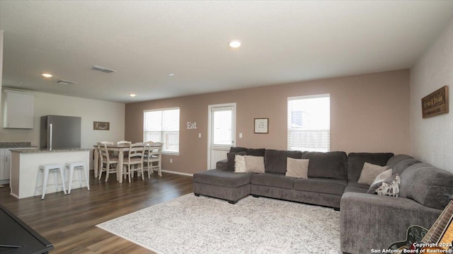 living room featuring dark hardwood / wood-style flooring