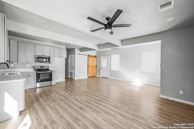 kitchen featuring sink, ceiling fan, a barn door, light wood-type flooring, and stainless steel appliances