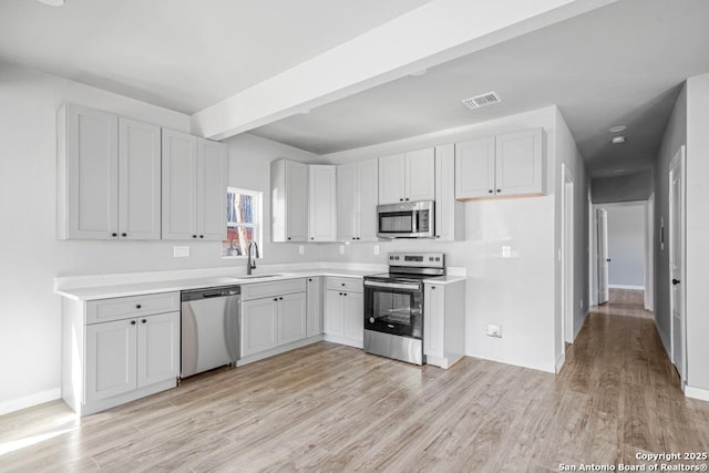 kitchen with stainless steel appliances, white cabinetry, light hardwood / wood-style floors, and sink