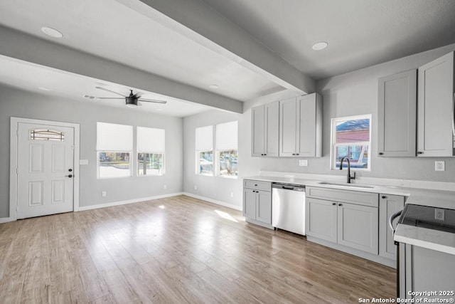 kitchen featuring gray cabinetry, stainless steel appliances, ceiling fan, sink, and light hardwood / wood-style floors