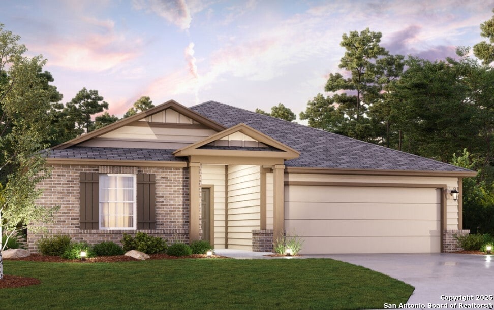 single story home with brick siding, a shingled roof, a front lawn, concrete driveway, and a garage