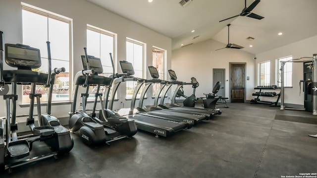 gym featuring ceiling fan and lofted ceiling