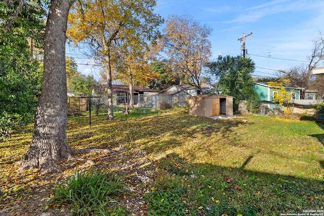 view of yard featuring a storage unit