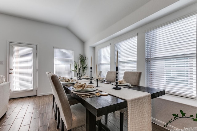 dining space featuring vaulted ceiling and a healthy amount of sunlight