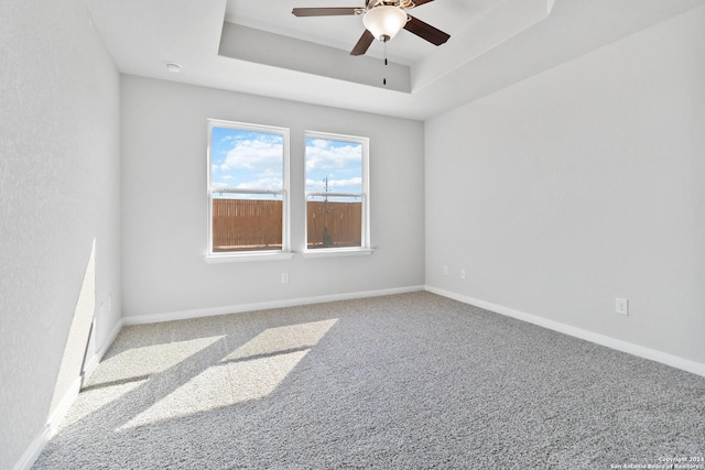 unfurnished room featuring carpet, a raised ceiling, and ceiling fan