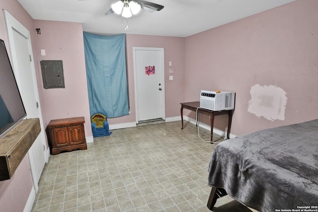 bedroom with ceiling fan and electric panel