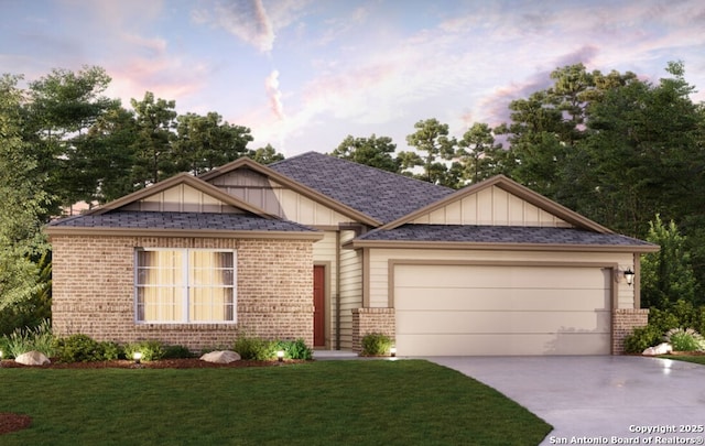 view of front of home featuring a garage, brick siding, board and batten siding, and driveway