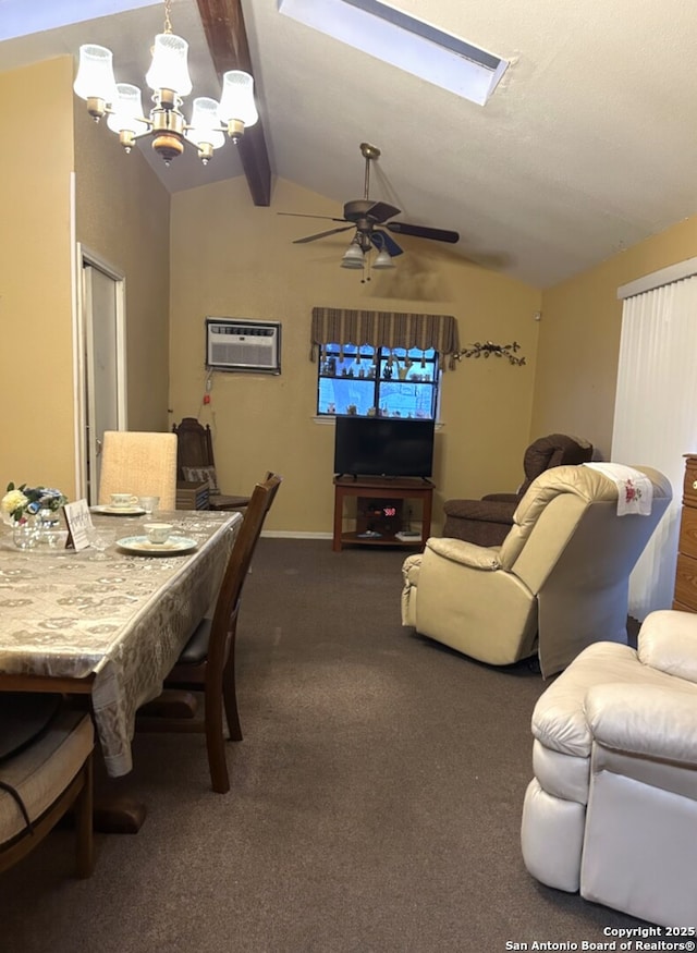 dining room featuring dark carpet, ceiling fan with notable chandelier, vaulted ceiling with beams, and an AC wall unit