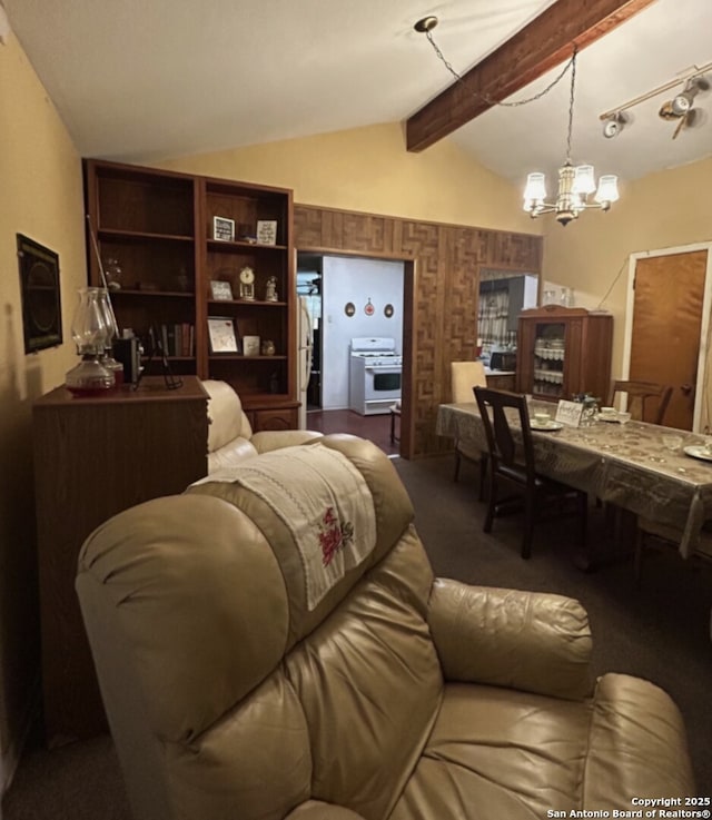 carpeted living room featuring lofted ceiling with beams and a notable chandelier