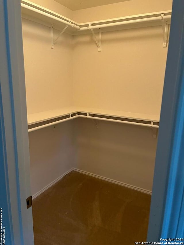 walk in closet with dark carpet