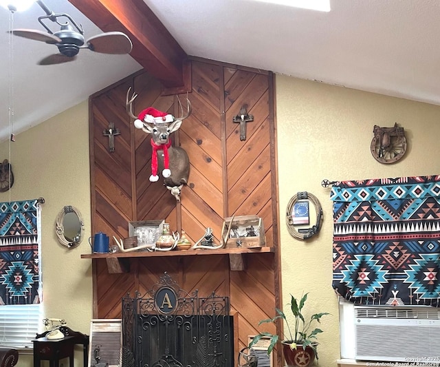 details with beam ceiling, ceiling fan, wooden walls, and cooling unit