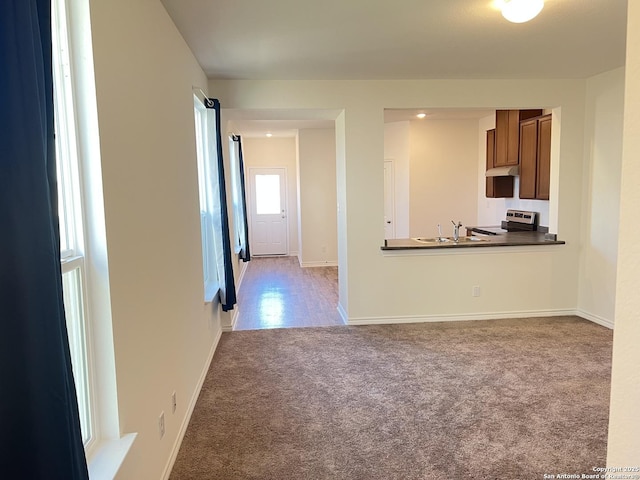 unfurnished living room featuring sink and light colored carpet