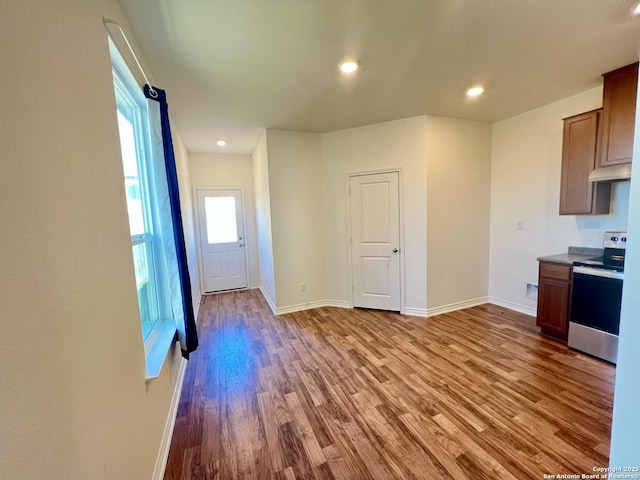 kitchen with light hardwood / wood-style floors and stainless steel electric range